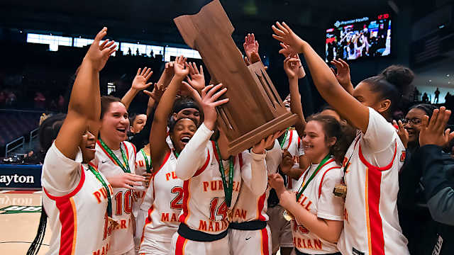 Purcell Marian celebrates winning the 2023 Division II state championship